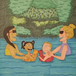 a drawing of two women, each with their children, drawn by Katelyn as one of her CF hobbies