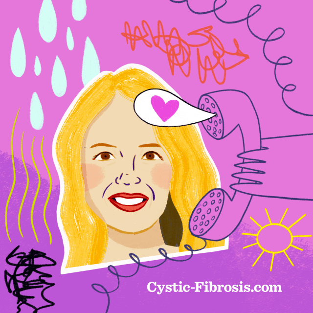 Portrait of Sarah on the phone surrounded by a purple ribbon, music notes, a sun, rain, scribbles 